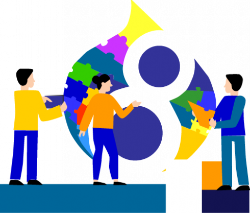 Equipe de 3 développeurs ajoutant des pièces de puzzle au logo Drupal 8